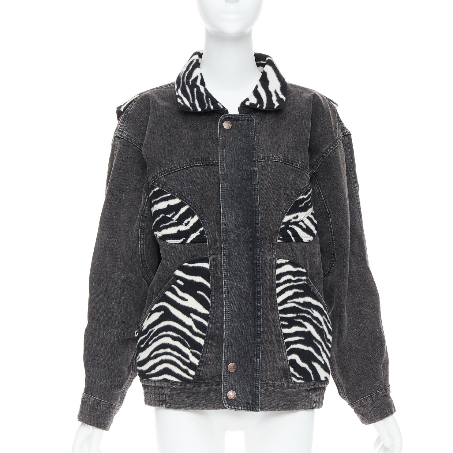 Nero CELINE Hedi Slimane Giacca in denim con patch in lana zebrata bianca e nera S. in vendita