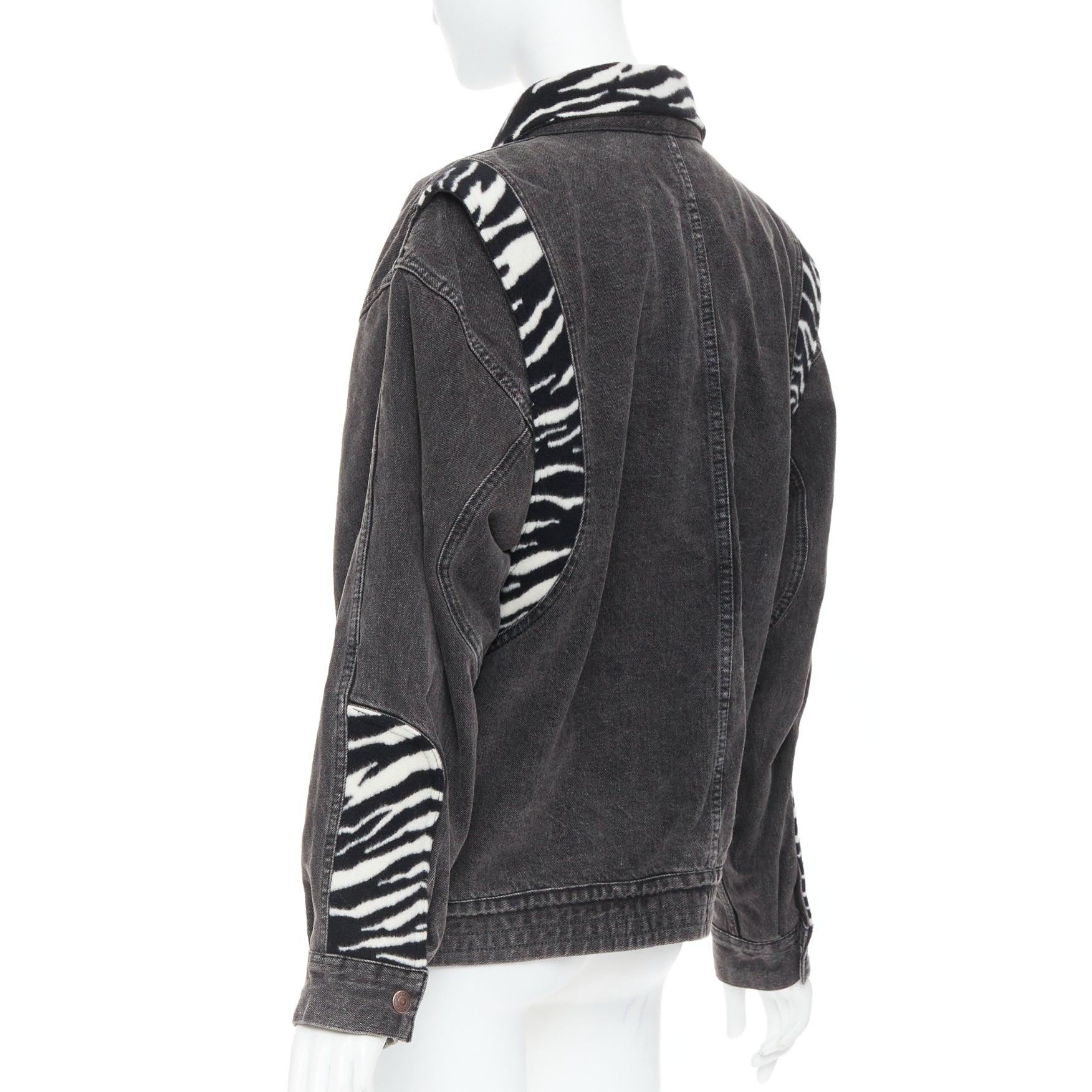 CELINE Hedi Slimane Giacca in denim con patch in lana zebrata bianca e nera S. in vendita 2