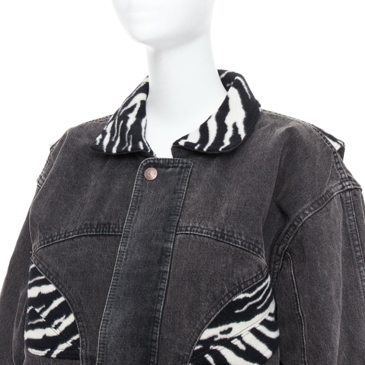 CELINE Hedi Slimane Giacca in denim con patch in lana zebrata bianca e nera S. in vendita 3
