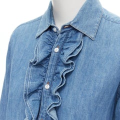 CELINE Hedi Slimane blue cotton denim frilled ruffle collar shirt