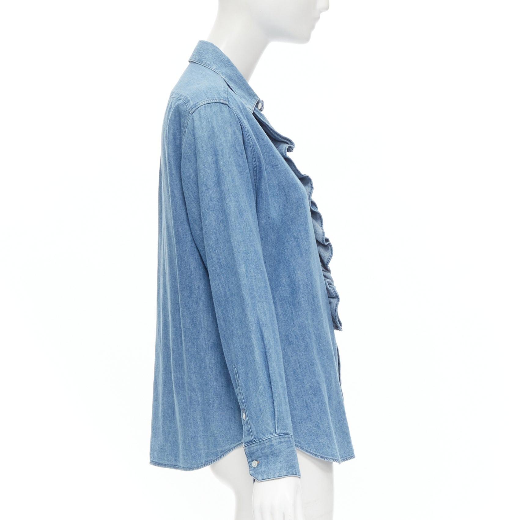 CELINE Hedi Slimane blue cotton denim frilled ruffle collar shirt In Excellent Condition In Hong Kong, NT