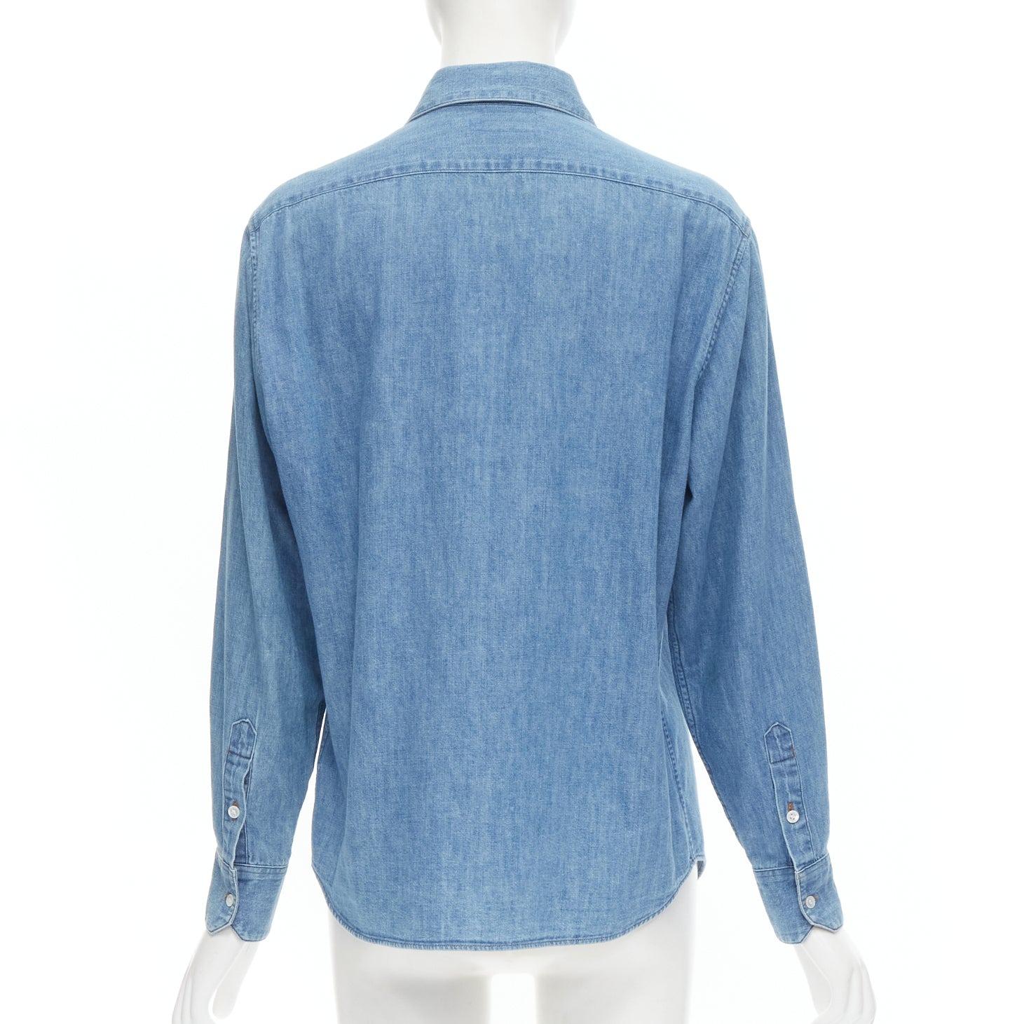 Women's CELINE Hedi Slimane blue cotton denim frilled ruffle collar shirt