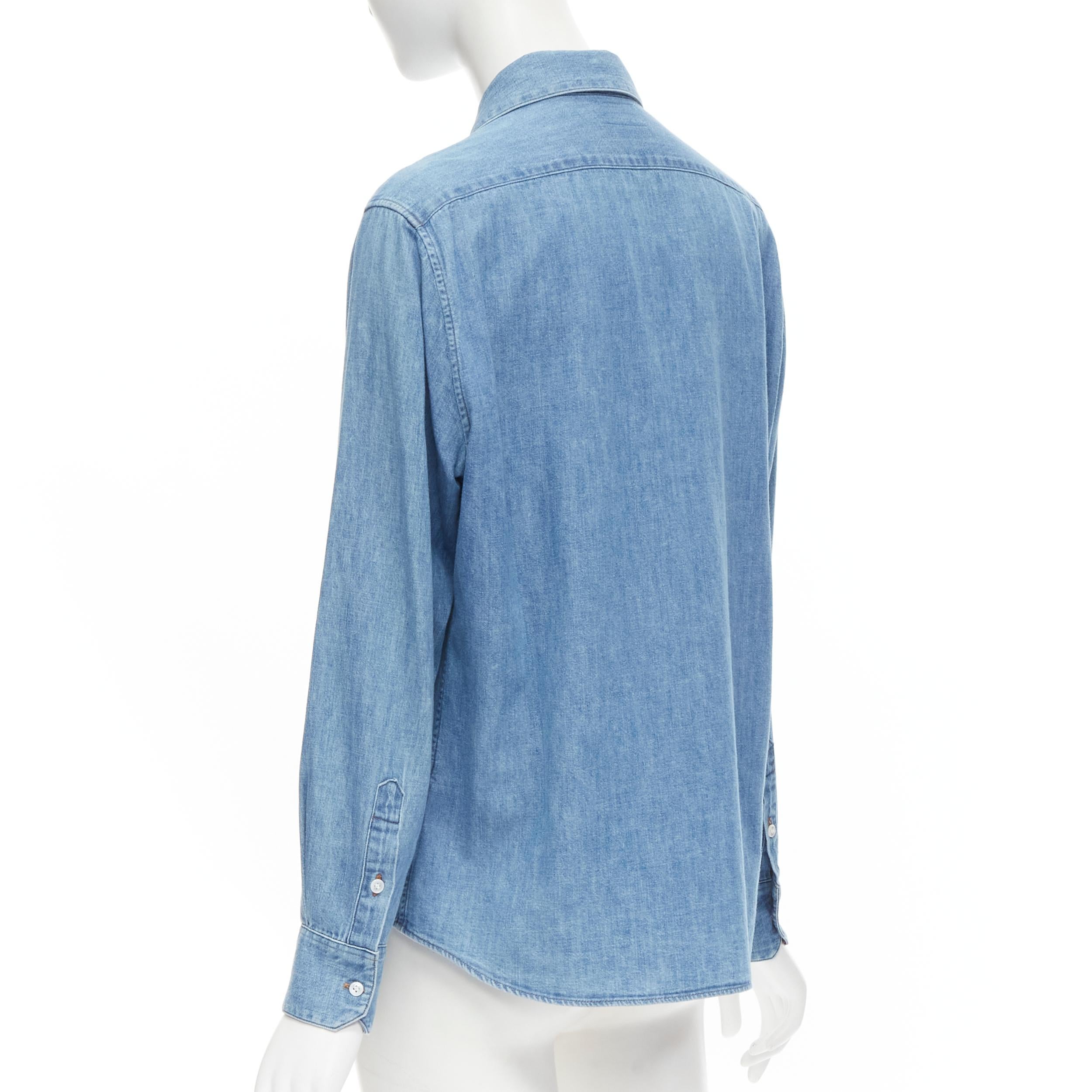 Blue CELINE Hedi Slimane blue cotton denim frilled ruffle collar shirt