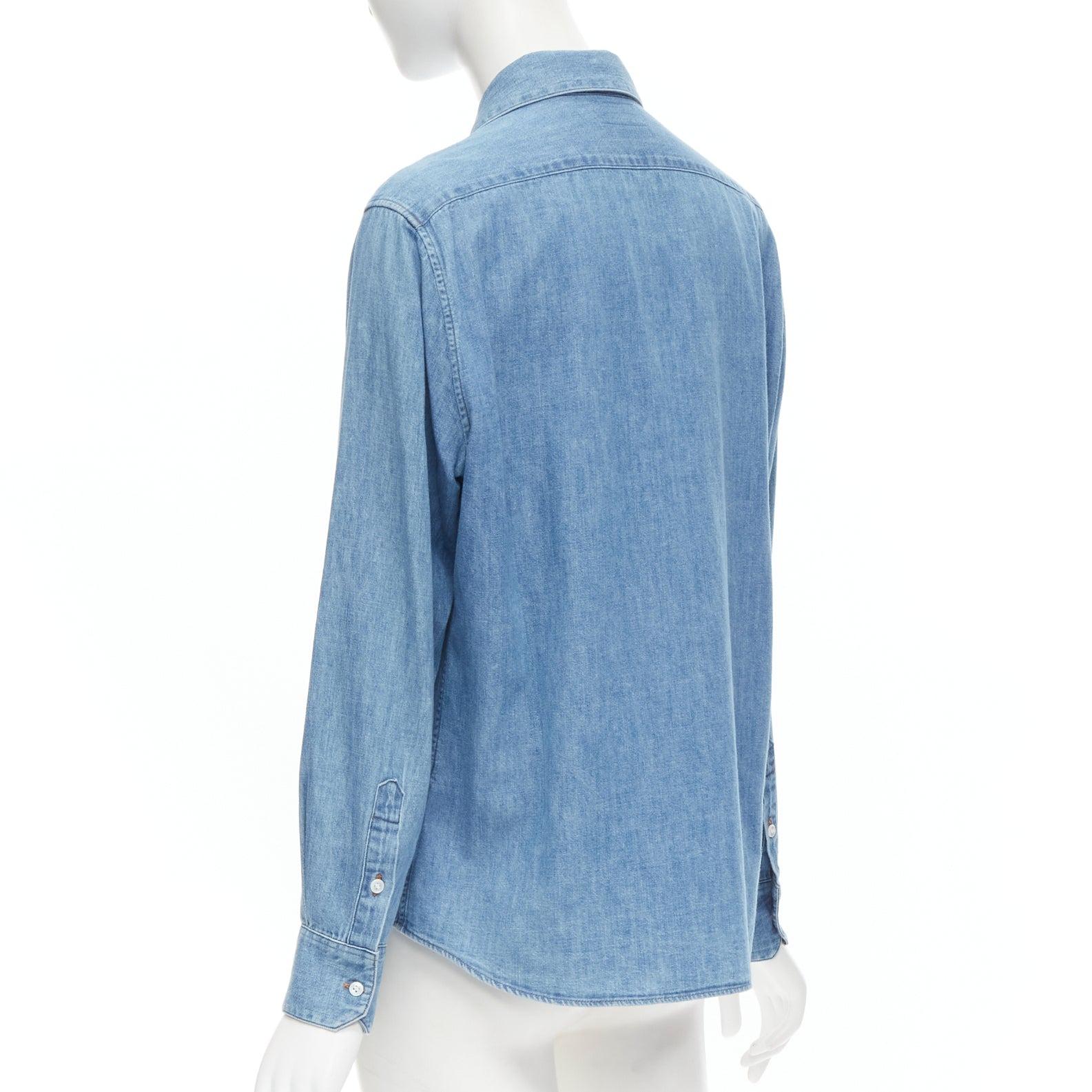 CELINE Hedi Slimane blue cotton denim frilled ruffle collar shirt 1