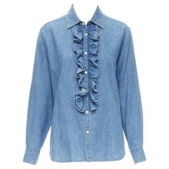 CELINE Hedi Slimane blue cotton denim frilled ruffle collar shirt