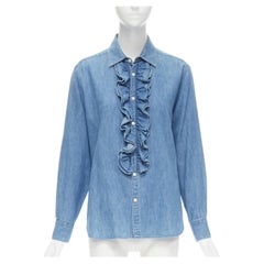 CELINE Hedi Slimane blue cotton denim frilled ruffle collar shirt