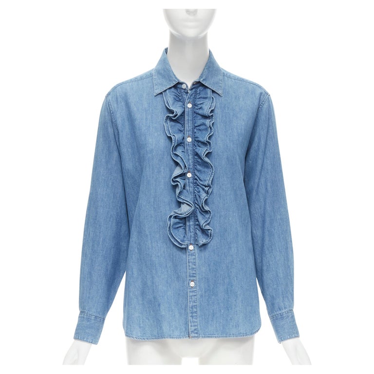 CELINE Hedi Slimane blue cotton denim frilled ruffle collar shirt at  1stDibs | celine t shirt, hedi blue, ruffle denim shirt