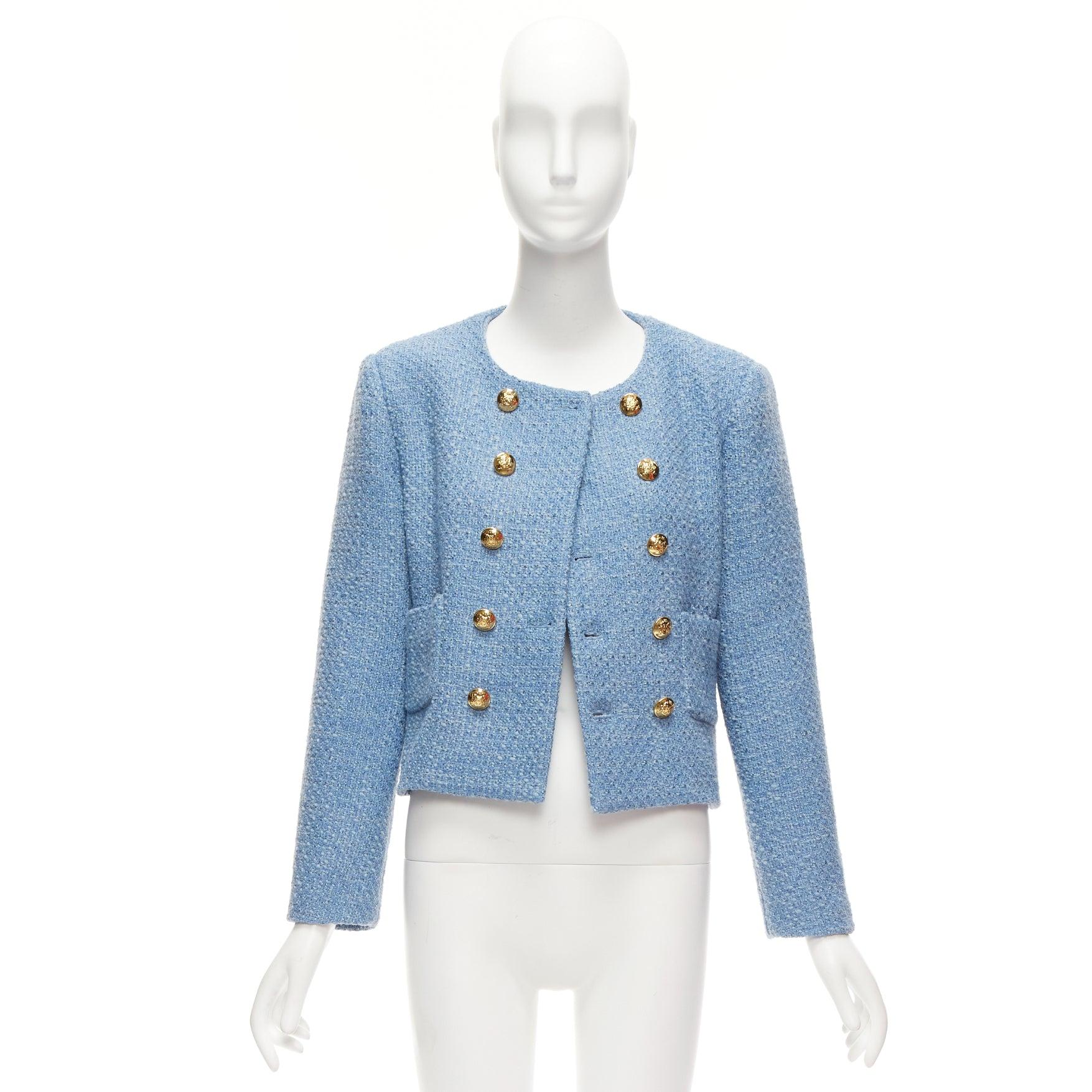 CELINE Hedi Slimane blue tweed gold buttons double breasted jacket FR38 M 6