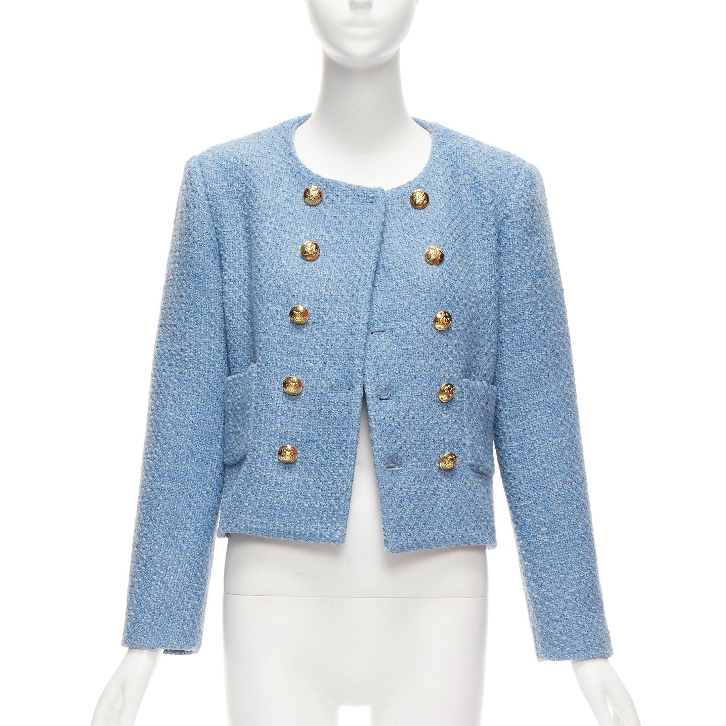 CELINE Hedi Slimane blue tweed gold buttons double breasted jacket FR38 M In Excellent Condition In Hong Kong, NT