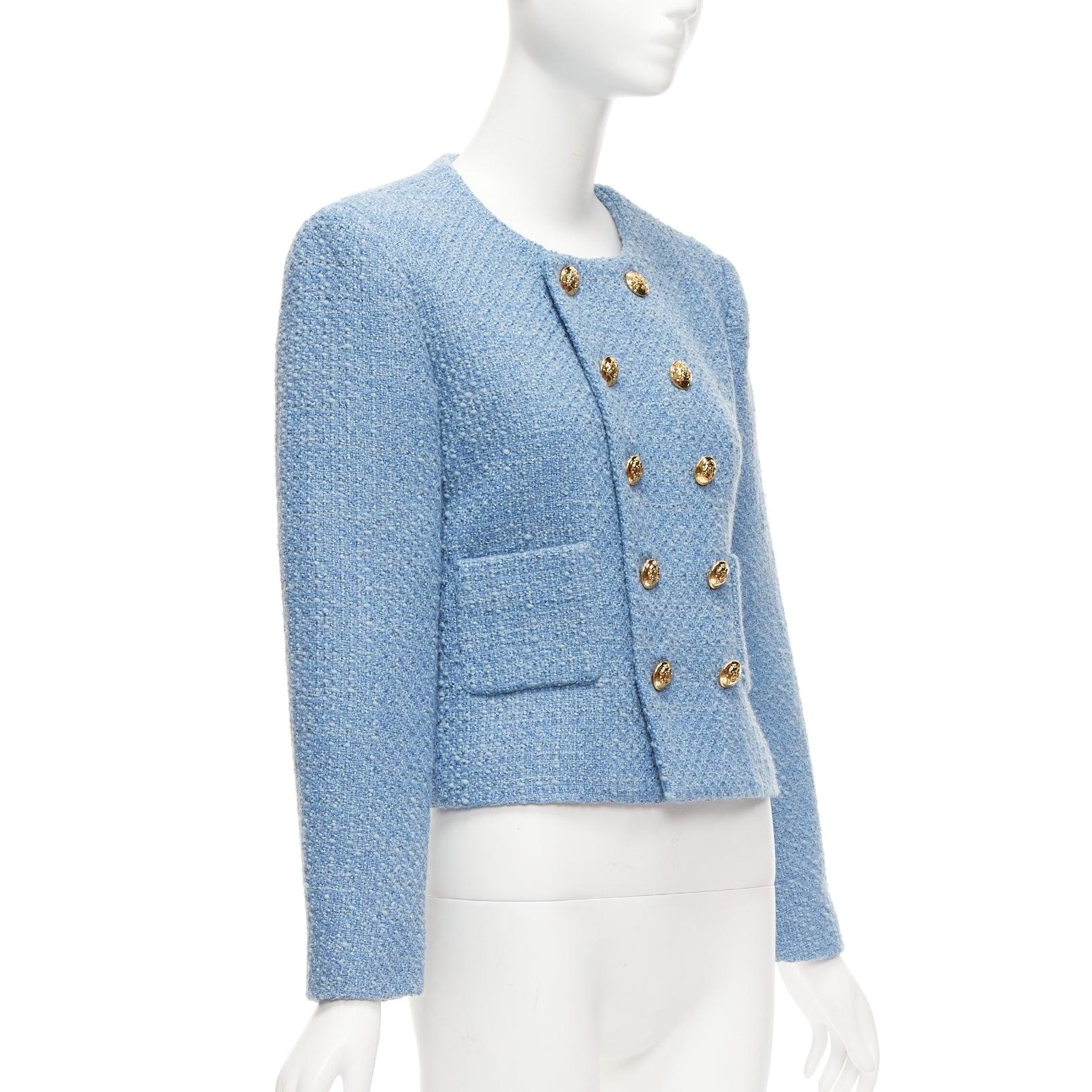 Women's CELINE Hedi Slimane blue tweed gold buttons double breasted jacket FR38 M