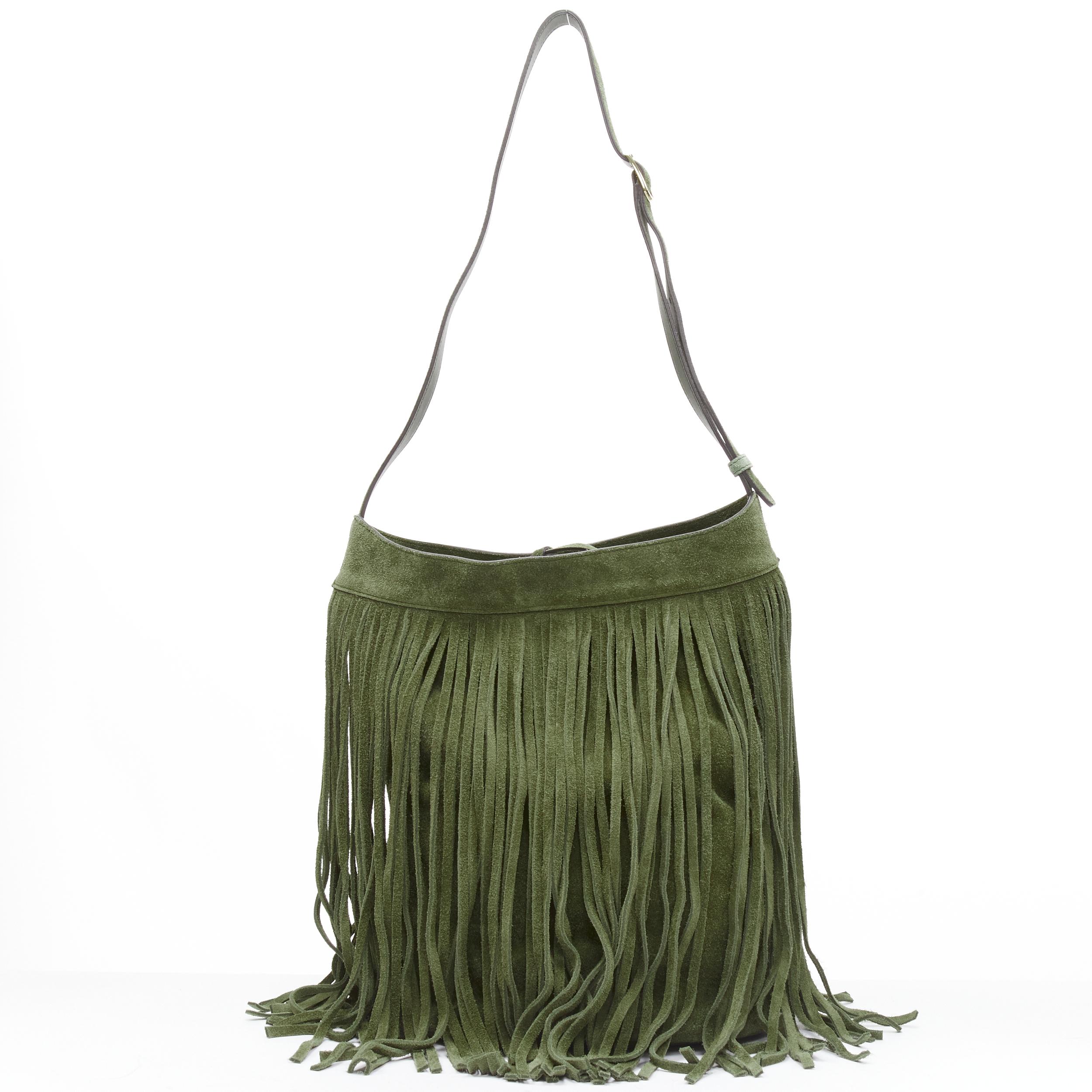 CELINE Hedi Slimane khaki green suede fringe medium bucket bag
