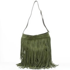 CELINE Hedi Slimane khaki green suede fringe medium bucket bag