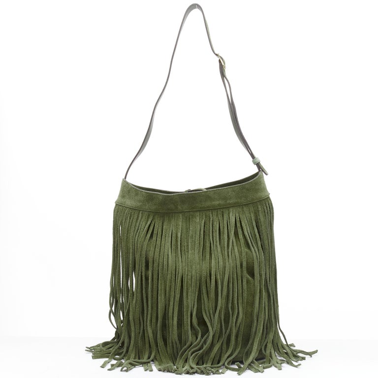 CELINE Hedi Slimane khaki green suede fringe medium bucket bag at