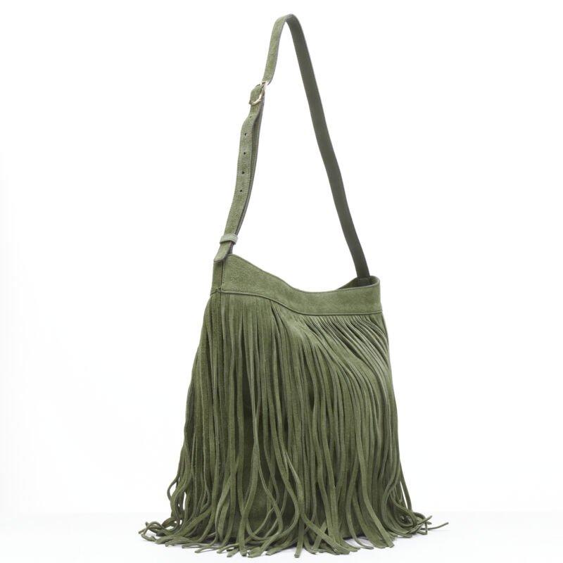 CELINE Hedi Slimane khakigrünes Wildleder mit Fransen mittlere Eimertasche (Beige)