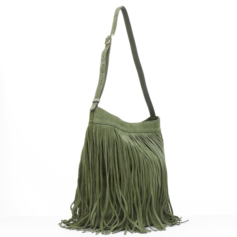 CELINE Hedi Slimane khaki green suede fringe medium bucket bag For Sale at  1stDibs