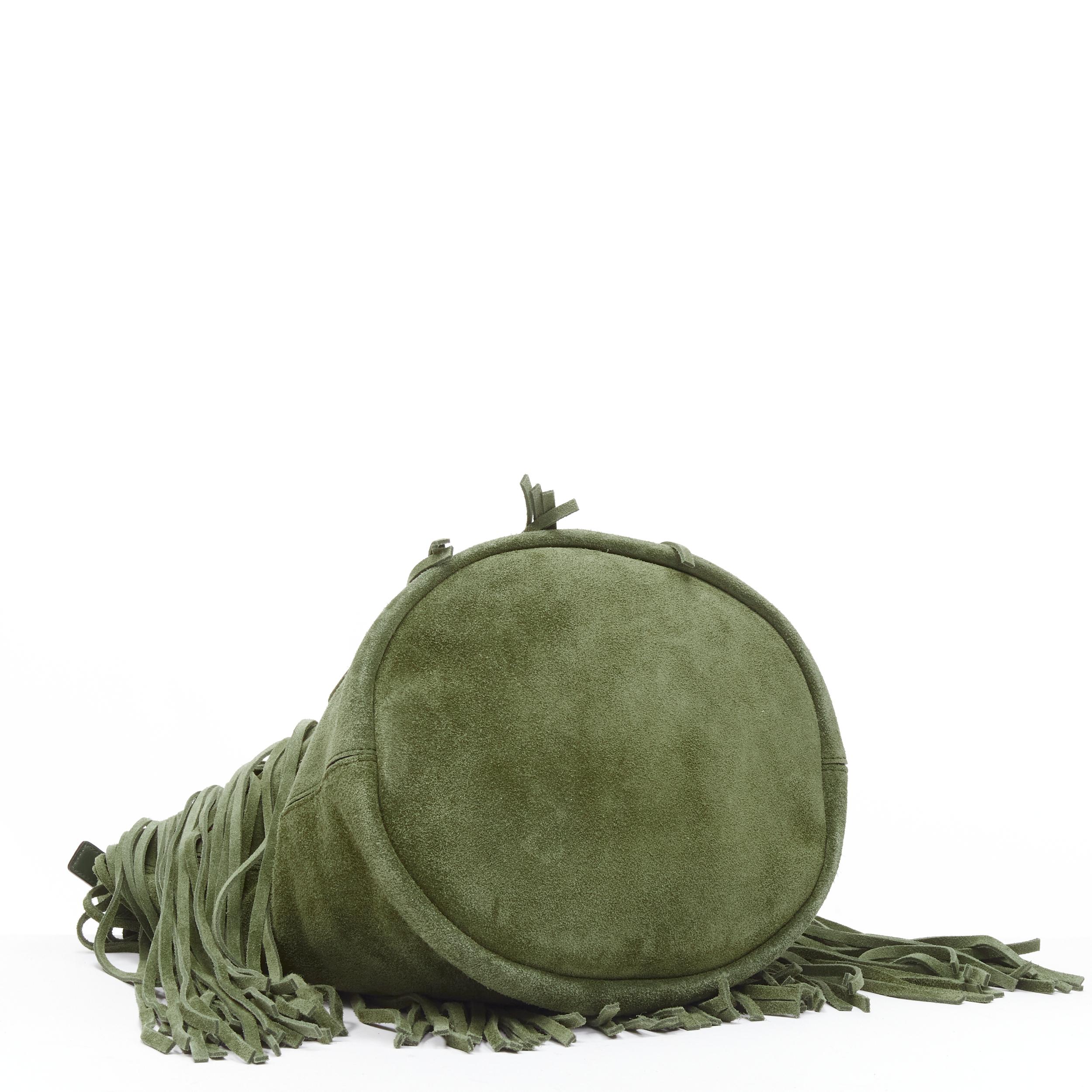 Beige CELINE Hedi Slimane khaki green suede fringe medium bucket bag For Sale