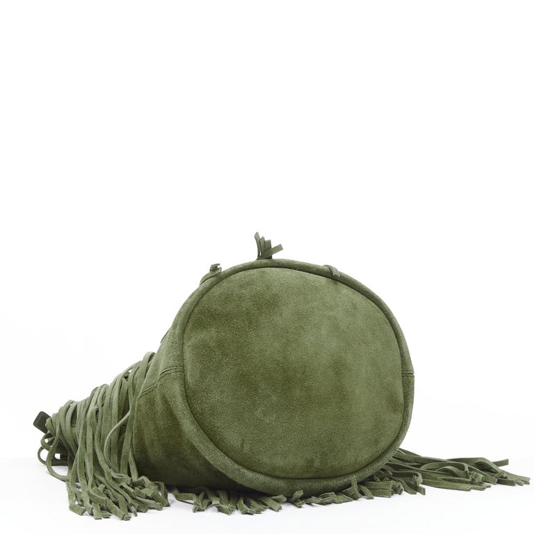 CELINE Hedi Slimane khaki green suede fringe medium bucket bag at