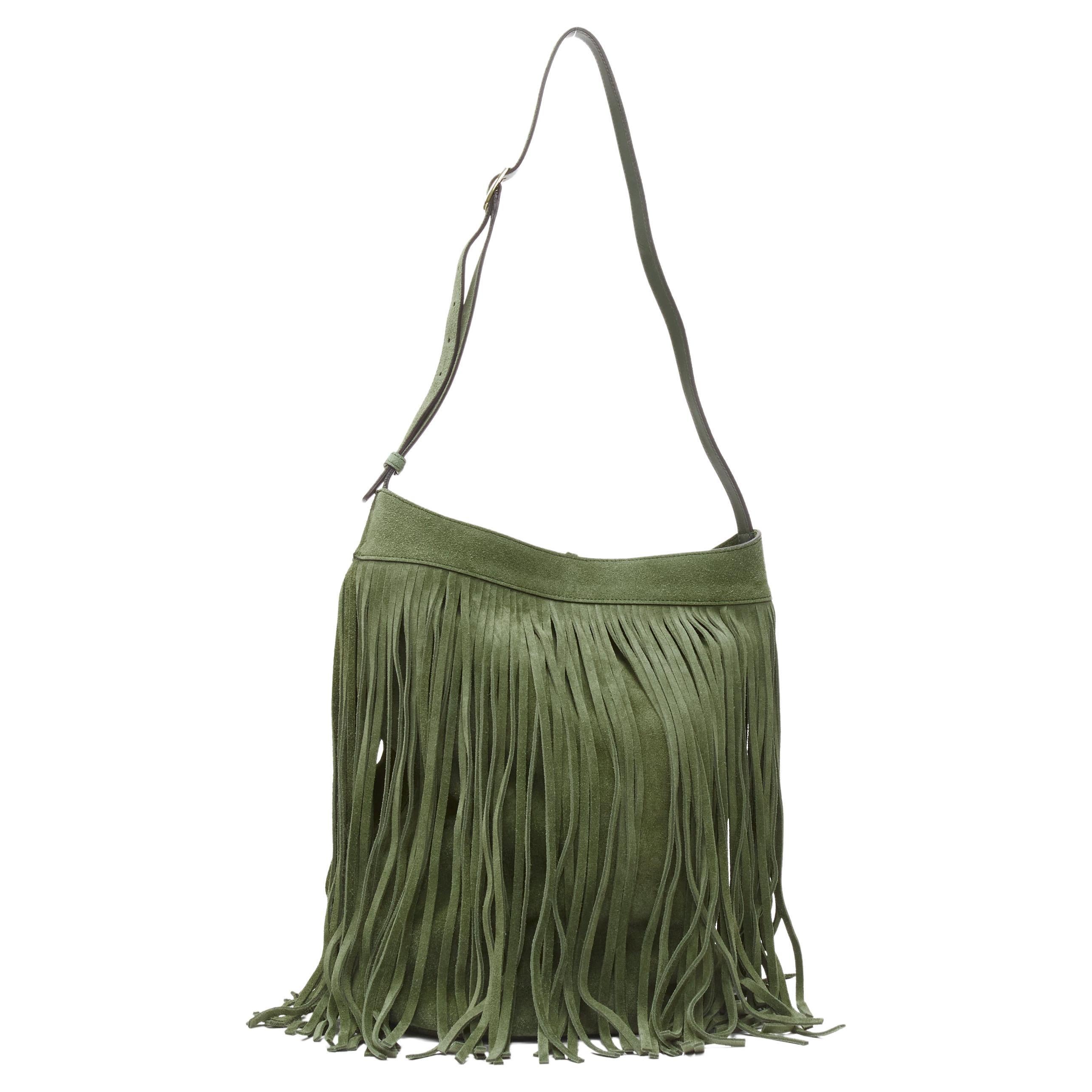 CELINE Hedi Slimane khaki green suede fringe medium bucket bag For Sale