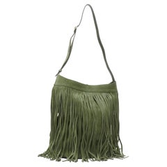 CELINE Hedi Slimane khaki green suede fringe medium bucket bag