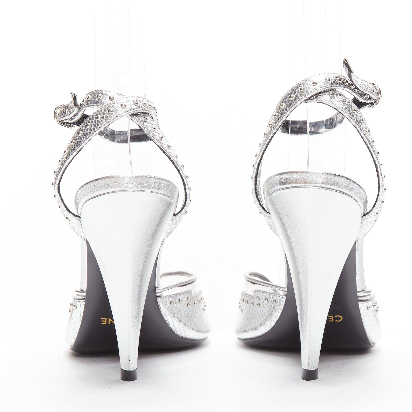 Women's CELINE Hedi Slimane silver leather PVC conical heels EU38 For Sale
