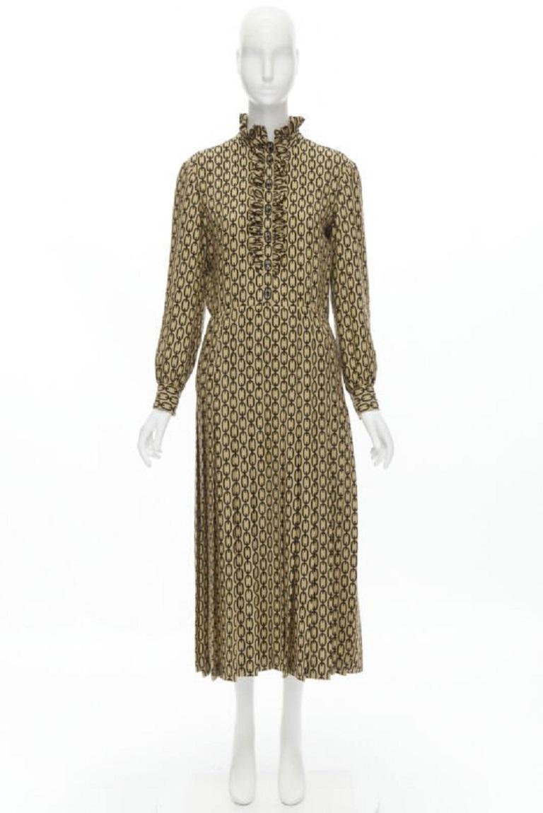 CELINE Hedi Slimane Triomphe chain wool frill collar pleated dress FR38 S For Sale 5