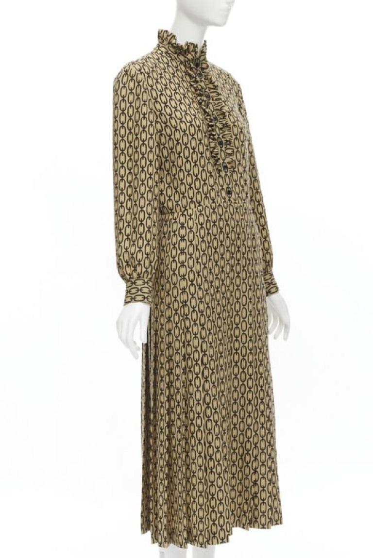 Brown CELINE Hedi Slimane Triomphe chain wool frill collar pleated dress FR38 S For Sale