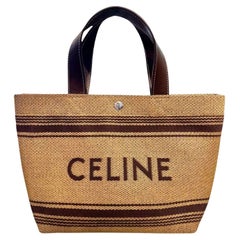 Celine Homme Cabas Leather Trimmed Logo Raffia Tote Bag Mini