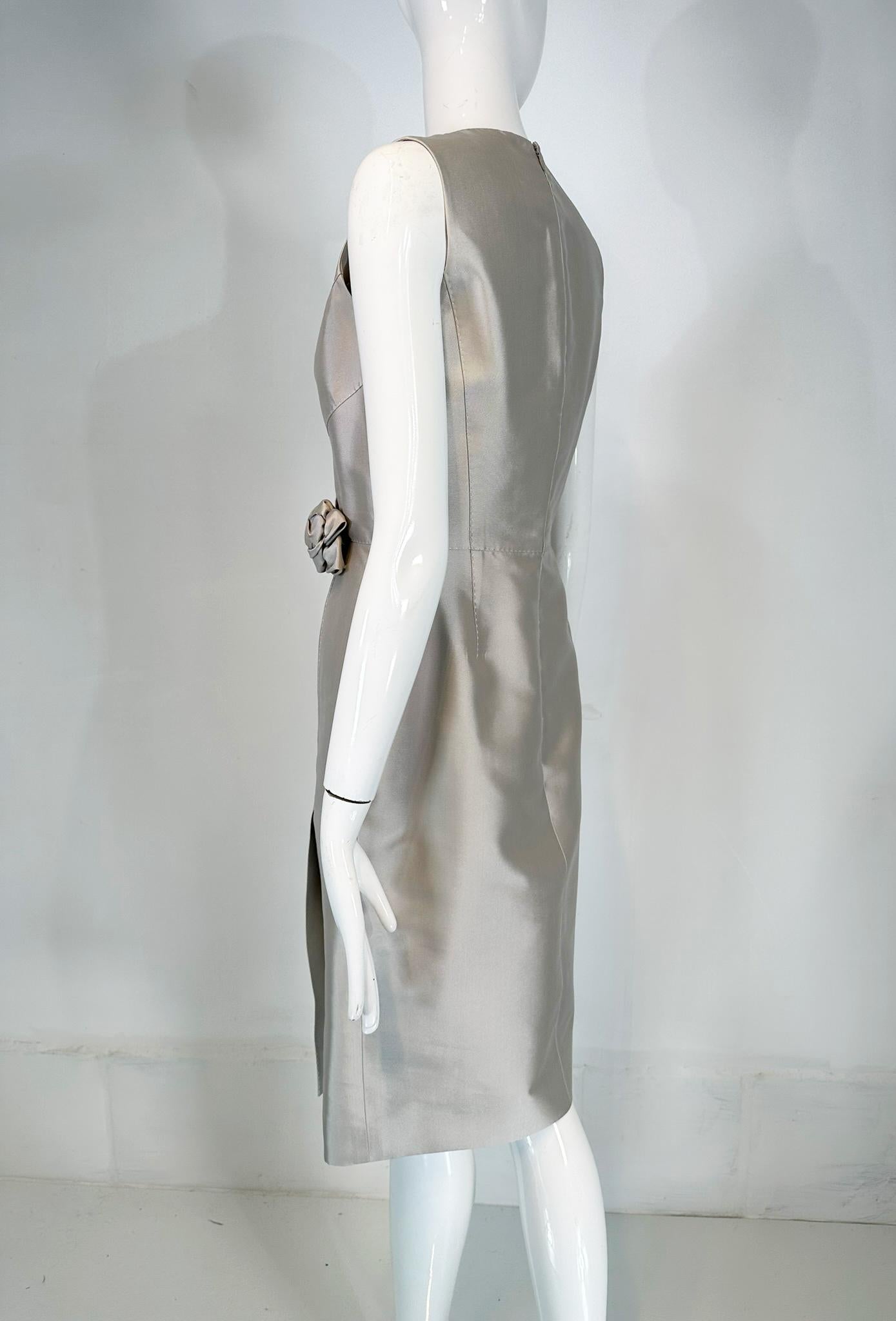 Celine Ice Blue Silk V Neck Suplice Bodice Cocktail Dress with Rose Applique 42 For Sale 6