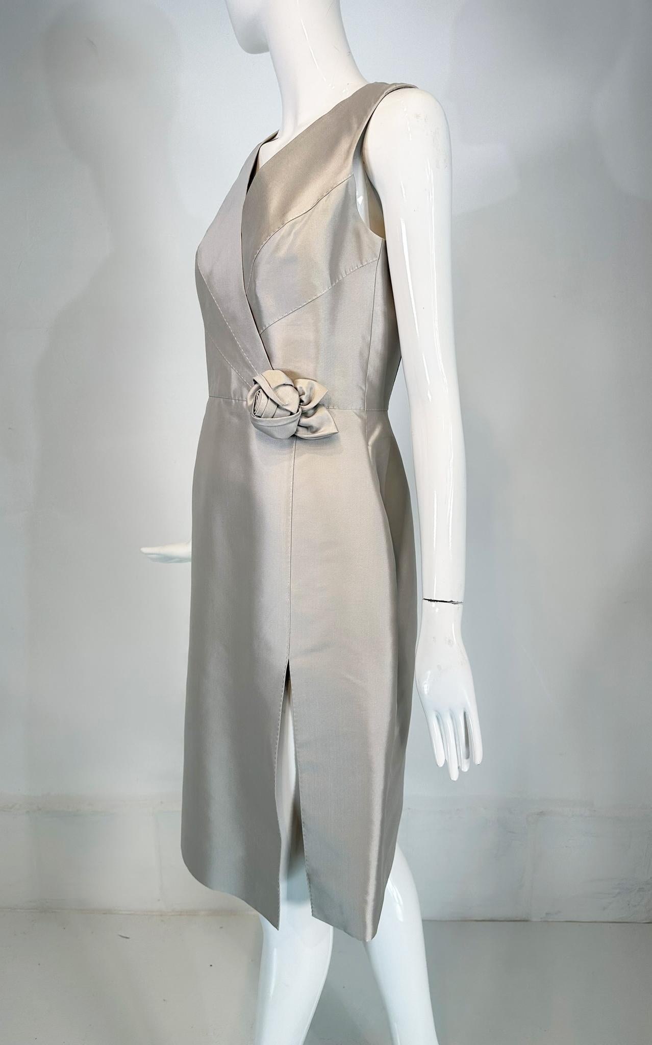 Celine Ice Blue Silk V Neck Suplice Bodice Cocktail Dress with Rose Applique 42 For Sale 8