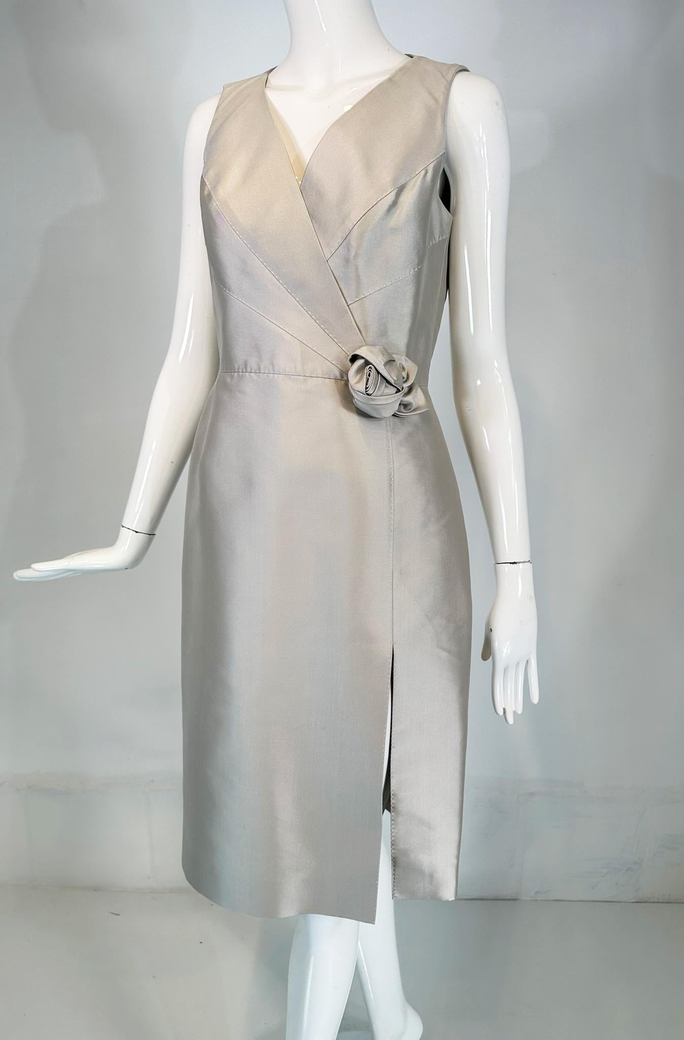 Celine Ice Blue Silk V Neck Suplice Bodice Cocktail Dress with Rose Applique 42 For Sale 9