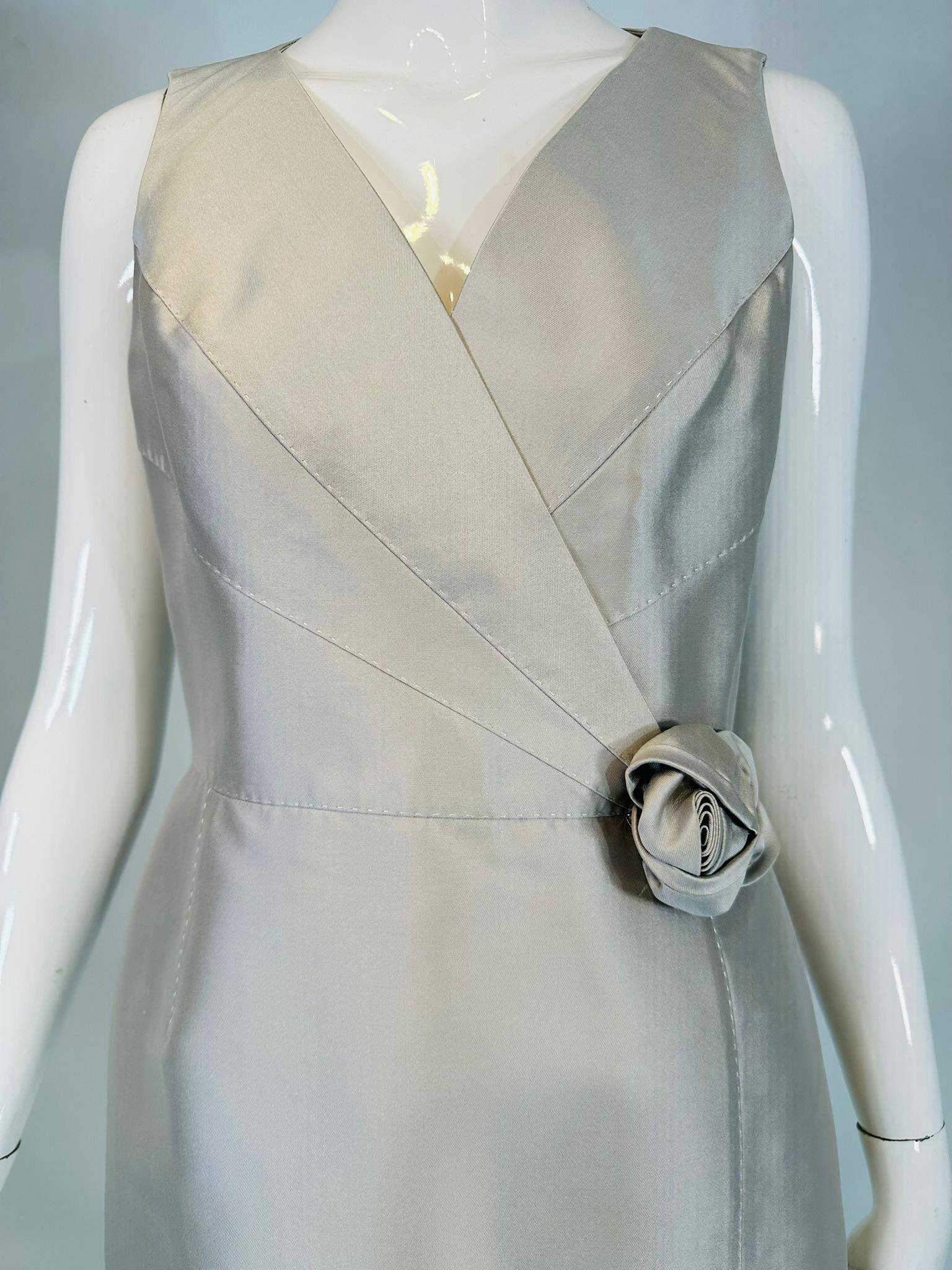 Celine Ice Blue Silk V Neck Suplice Bodice Cocktail Dress with Rose Applique 42 For Sale 10