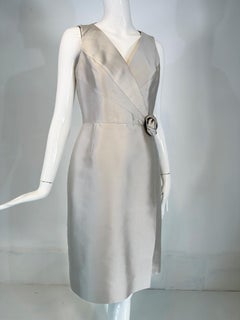 Celine Ice Blue Silk V Neck Suplice Bodice Cocktail Dress with Rose Applique 42