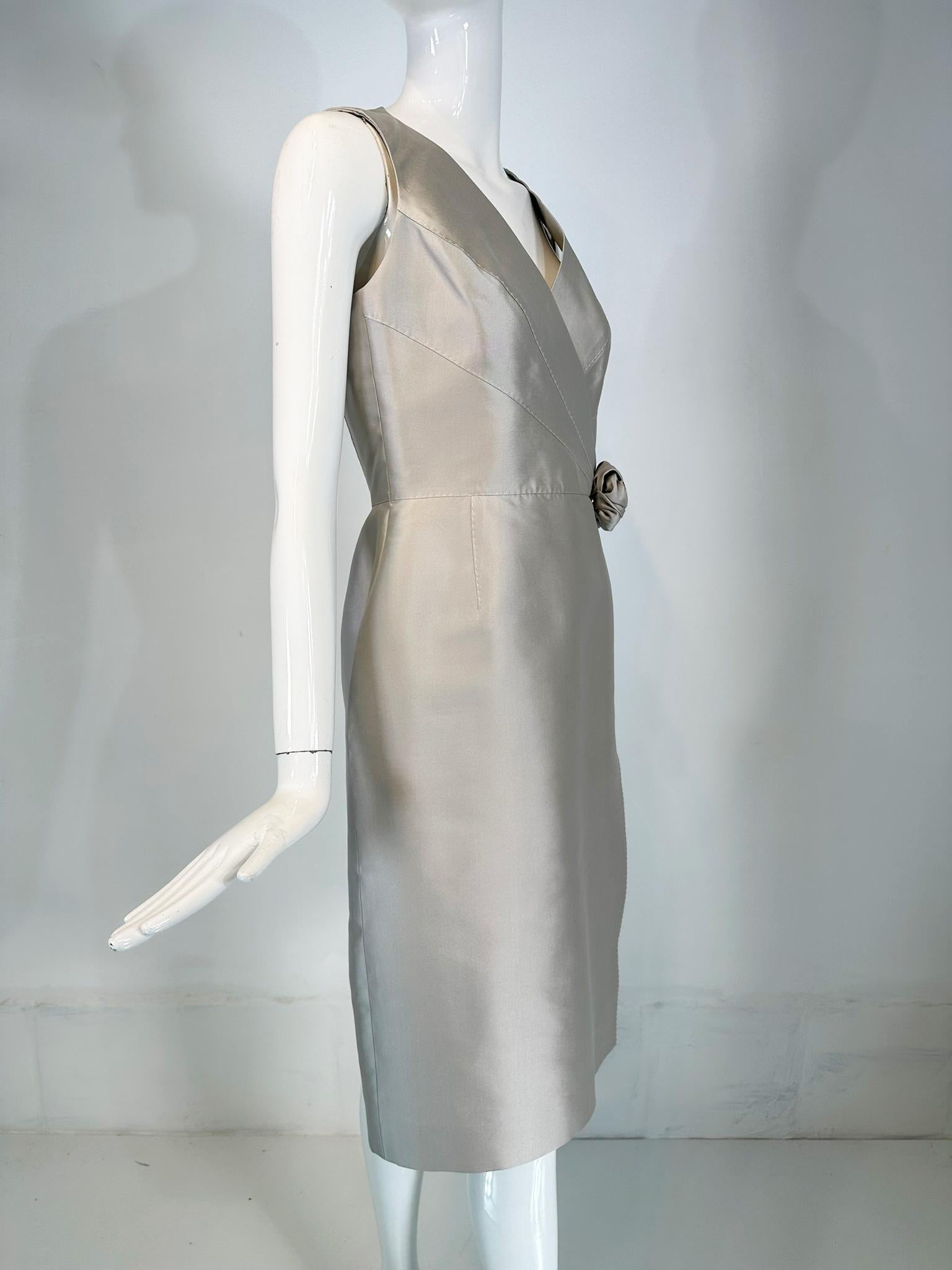 Celine Ice Blue Silk V Neck Suplice Bodice Cocktail Dress with Rose Applique 42 In Good Condition For Sale In West Palm Beach, FL