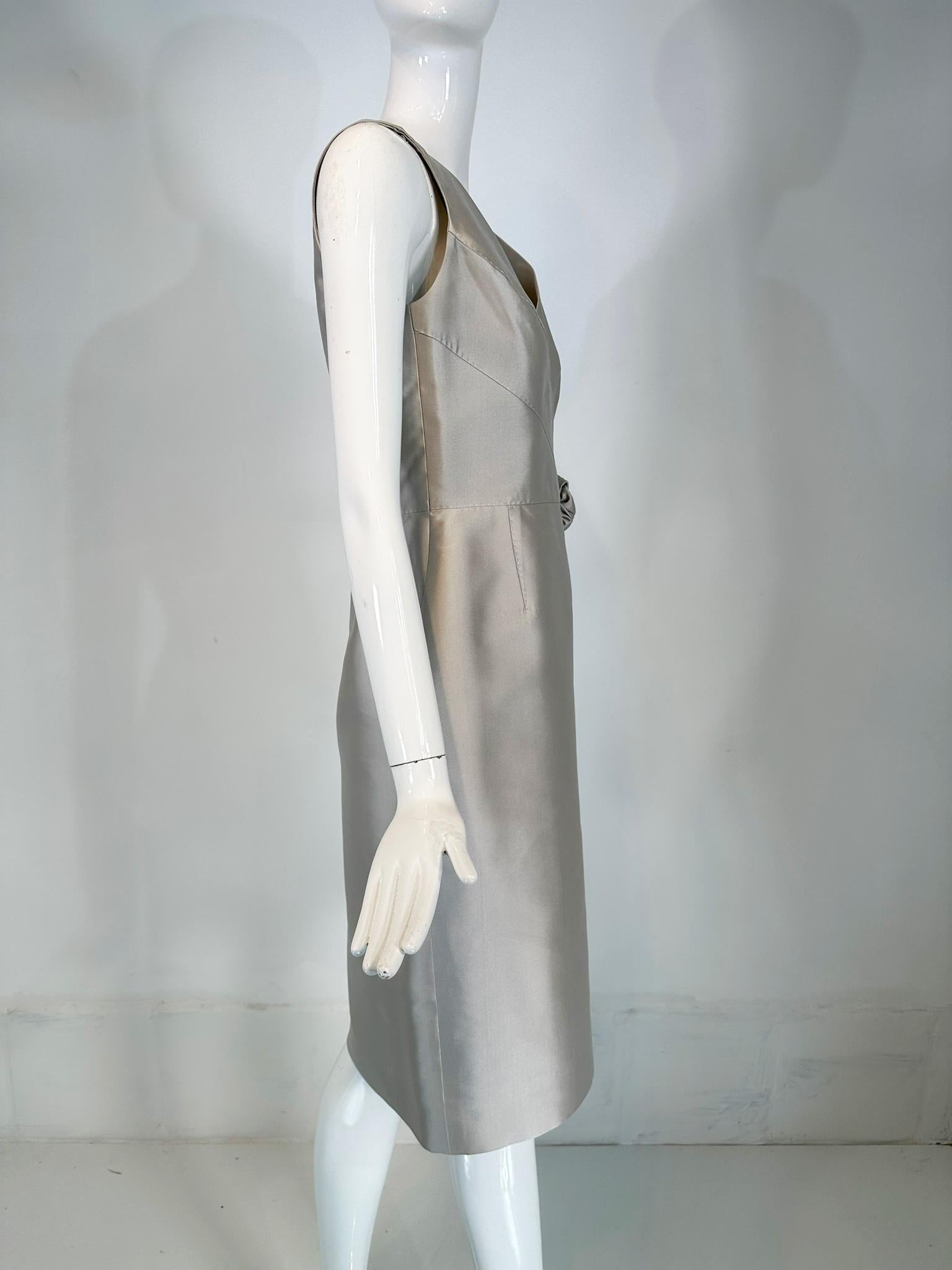 Women's Celine Ice Blue Silk V Neck Suplice Bodice Cocktail Dress with Rose Applique 42 For Sale
