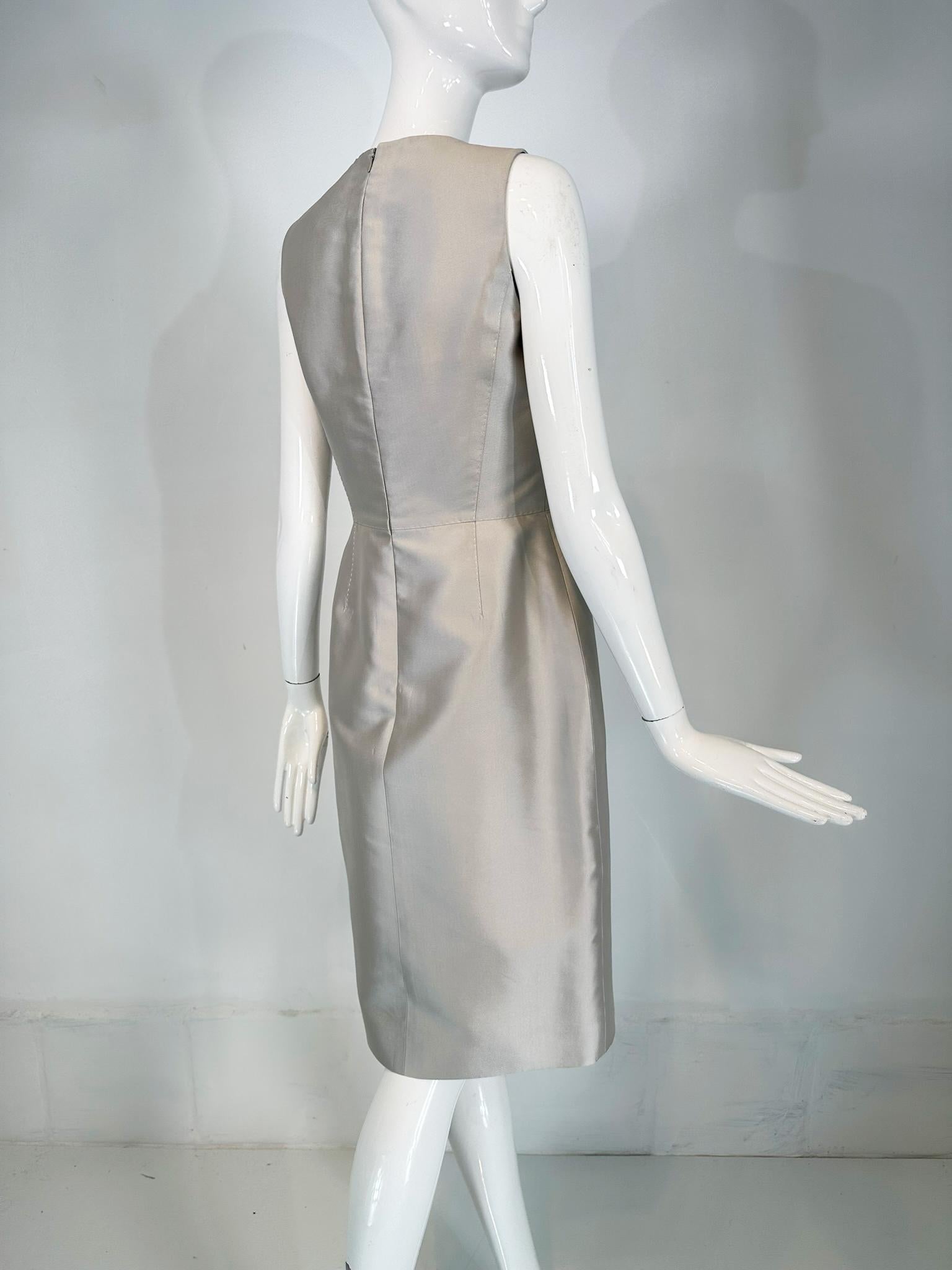 Celine Ice Blue Silk V Neck Suplice Bodice Cocktail Dress with Rose Applique 42 For Sale 2