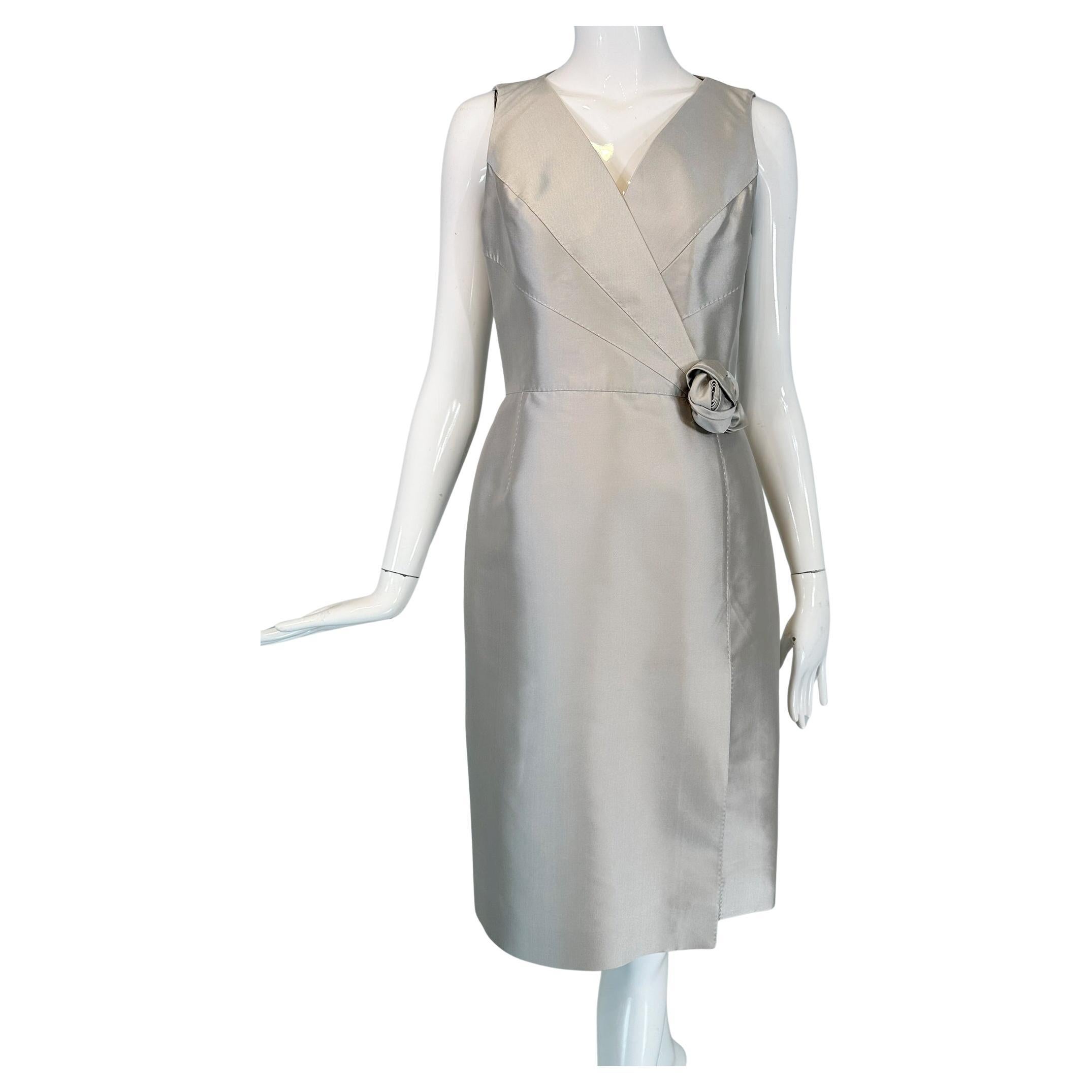 Celine Ice Blue Silk V Neck Suplice Bodice Cocktail Dress with Rose Applique 42 For Sale