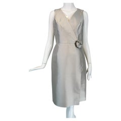Celine Ice Blue Silk V Neck Suplice Bodice Cocktail Dress with Rose Applique 42