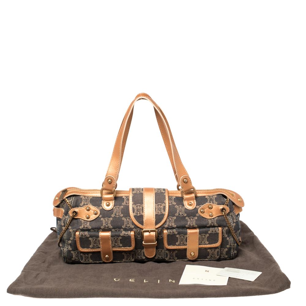 Celine Indigo/Pfirsich Makadam Denim und Leder Doppeltasche Satchel 2