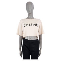 CELINE ivory & black cotton CROPPED LOGO JERSEY T-SHIRT Shirt S