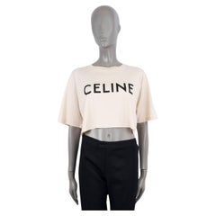 CELINE ivory & black cotton CROPPED LOGO JERSEY T-SHIRT Shirt S