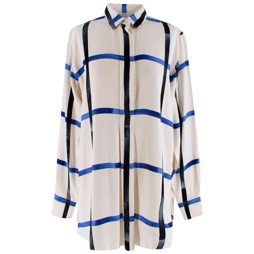 Celine Ivory & Blue Checked Silk Shirt - Size US 6
