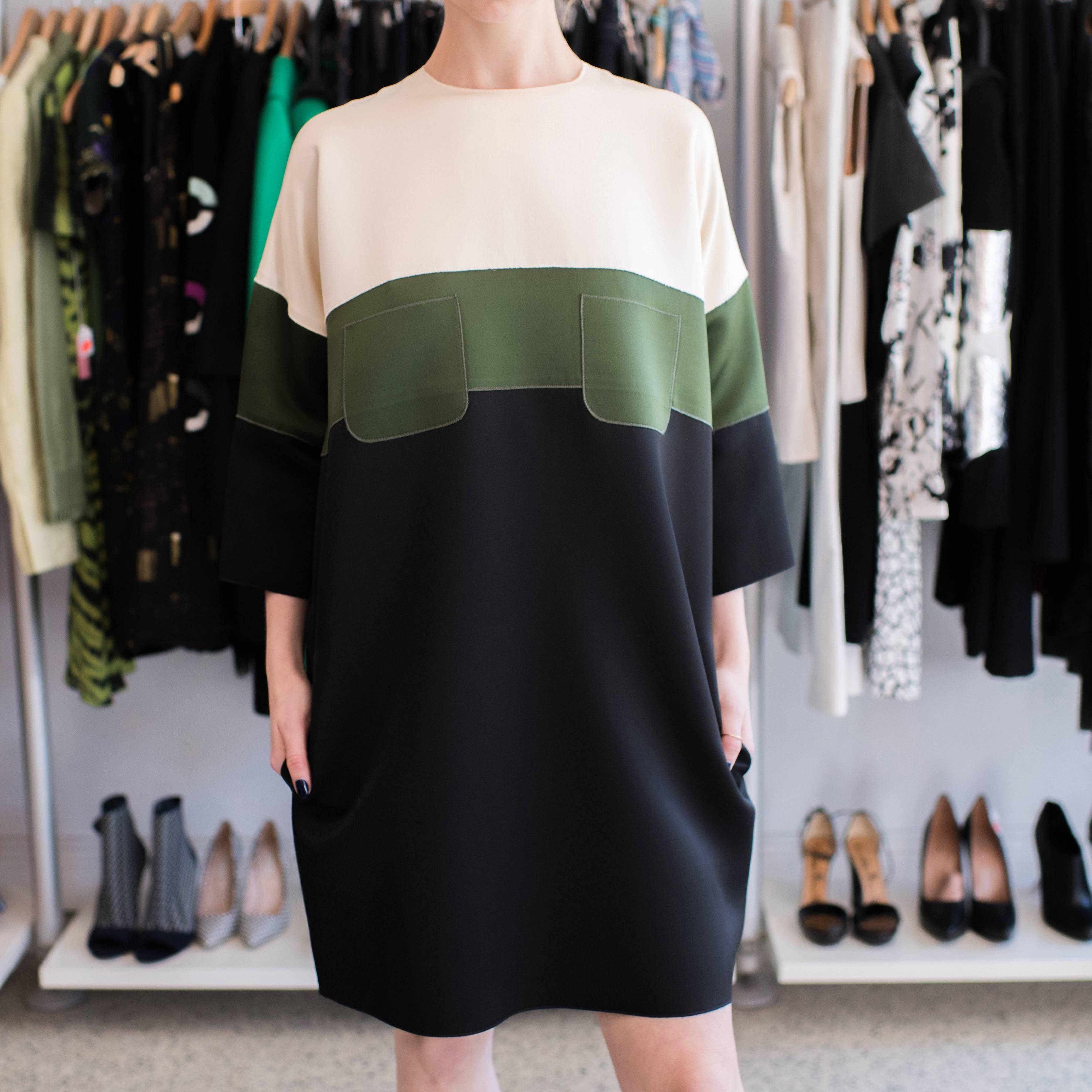 Celine Ivory Green Black Color Block Shift Dress 5