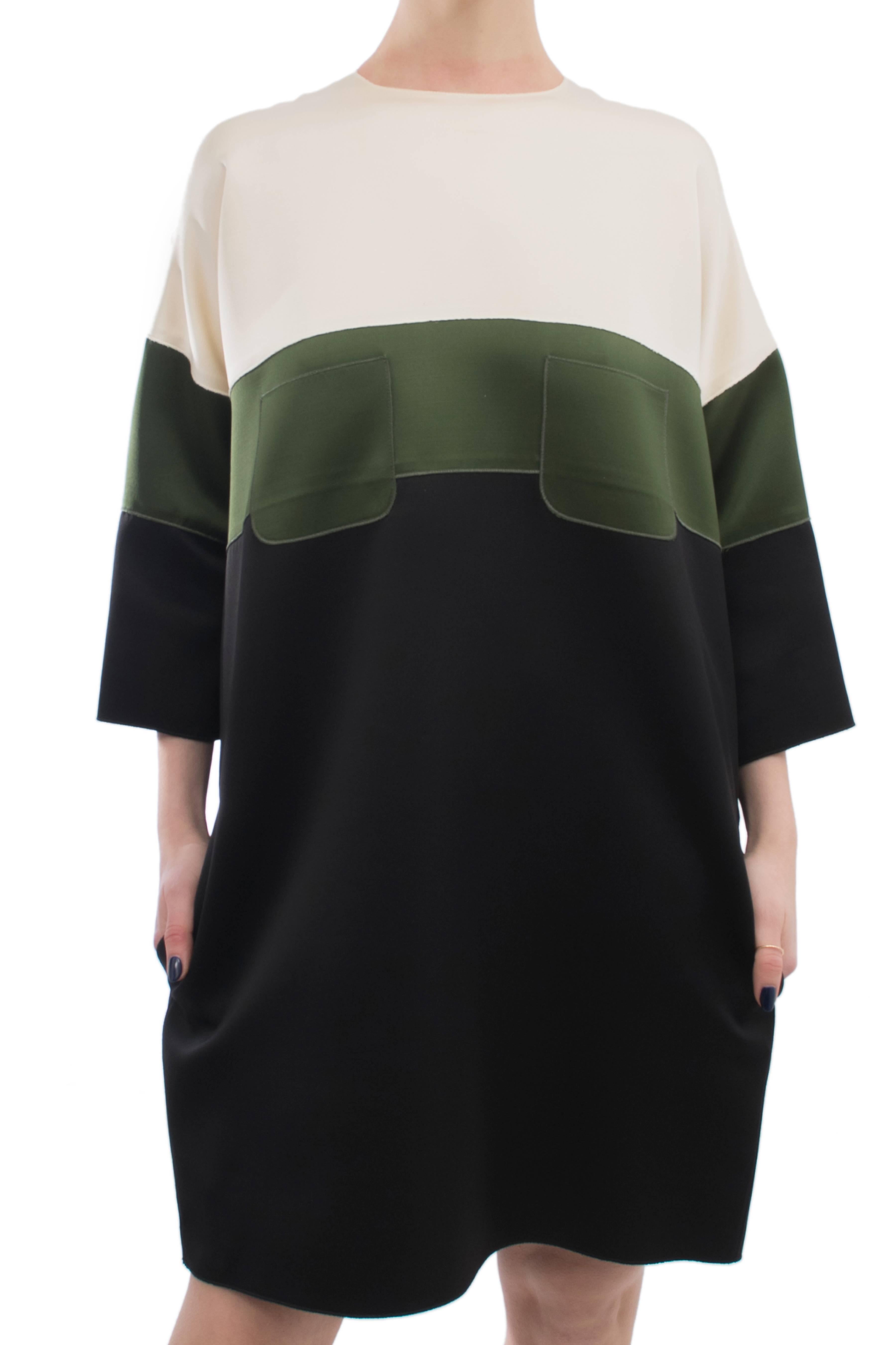 Celine Ivory Green Black Color Block Shift Dress 4