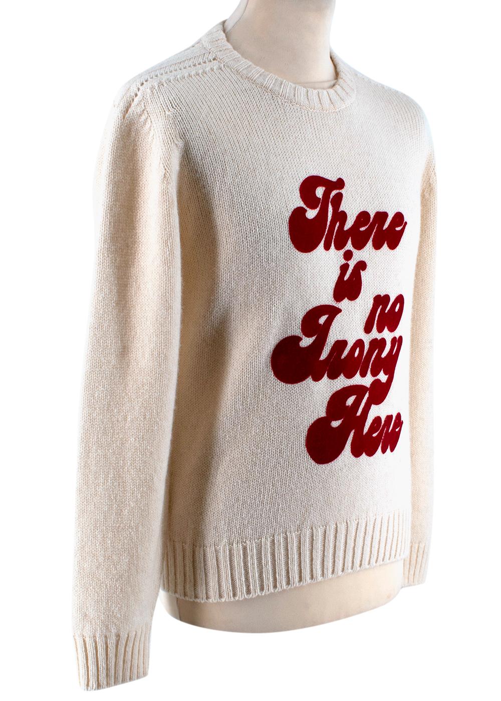 Celine Ivory Knitted Wool Sweatshirt with Red Velvet Print

- Rounded neckline
- Ribbed Knit to neckline, hemline and cuffs
- Lightweight Knit 
- Red velvet print to front 
- Textured knit to shoulders 

Materials 
100% Wool 

Hand Wash Only 

Made