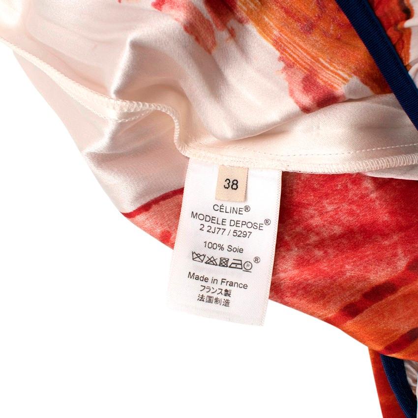 Celine Ivory & Orange Brushstroke Mulberry Silk Plisse Midi Skirt - US 4 In Excellent Condition For Sale In London, GB