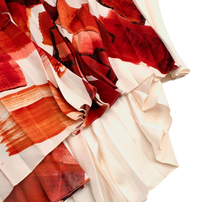 Celine Ivory & Orange Brushstroke Mulberry Silk Plisse Midi Skirt - US 4 For Sale 1
