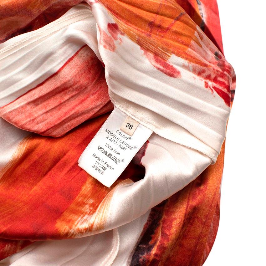 Celine Ivory & Orange Brushstroke Mulberry Silk Plisse Midi Skirt - US 4 For Sale 3