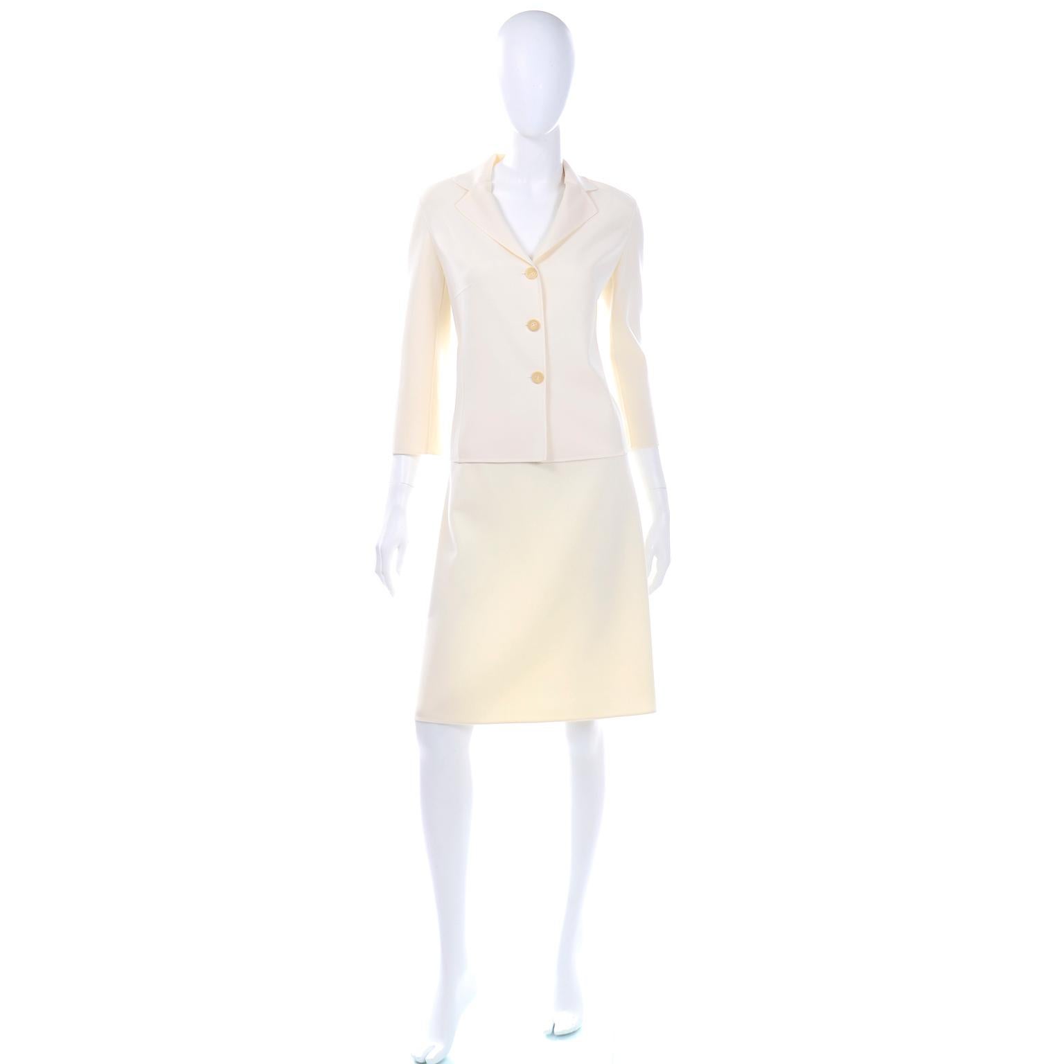 Beige Celine Ivory Wool Suit With Skirt and Cropped Sleeve Jacket