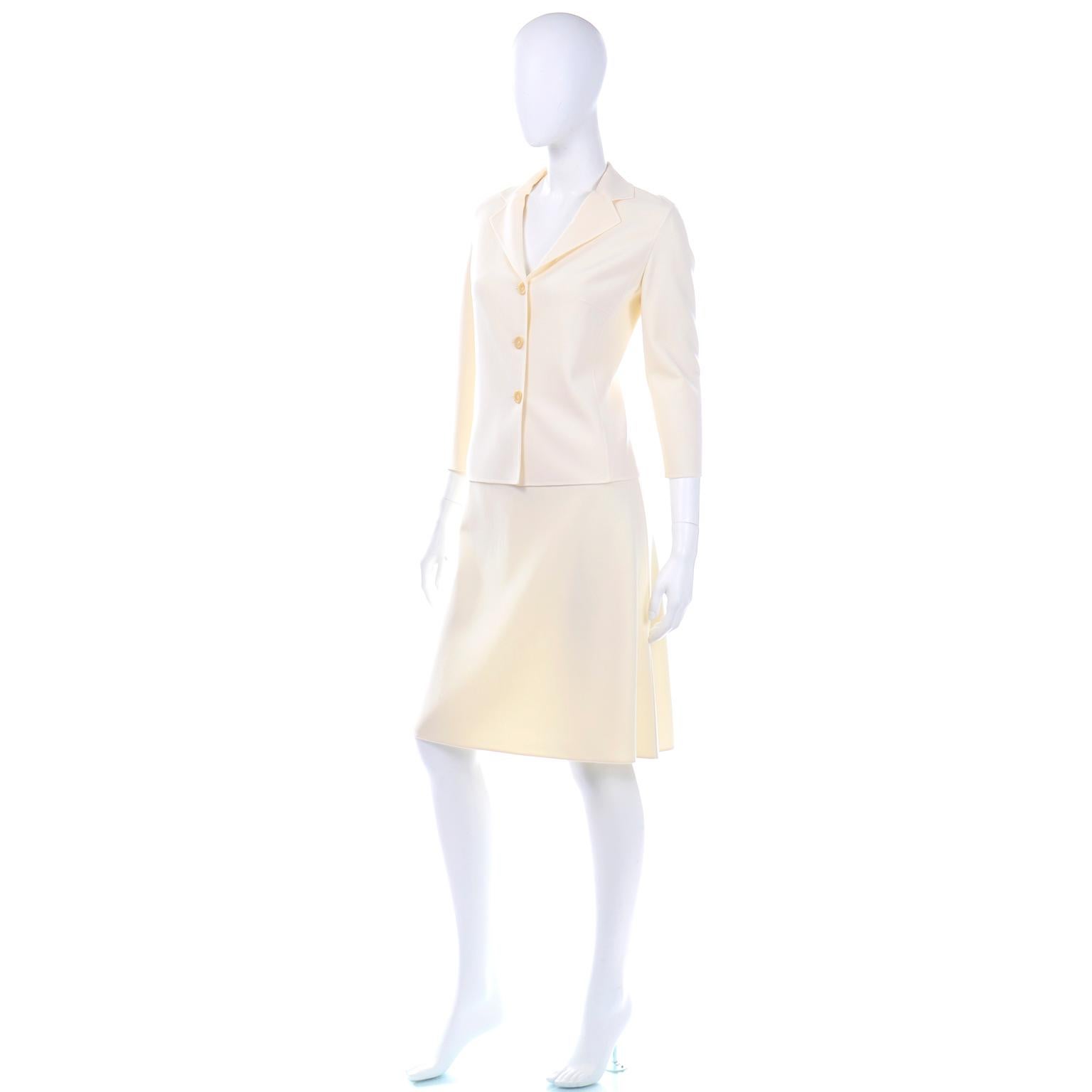 Celine Ivory Wool Suit With Skirt and Cropped Sleeve Jacket In Excellent Condition In Portland, OR