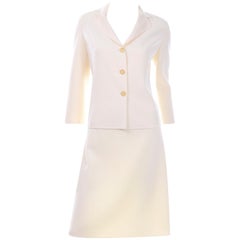 Celine Ivory Wool Suit With Skirt and Cropped Sleeve Jacket